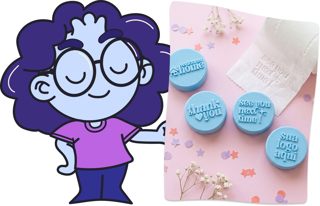 Mascote da Amora Create apresentando carimbos 3D personalizados